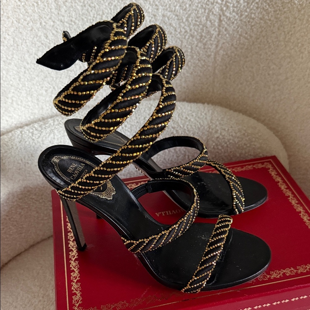 Rene Caovilla Black and Gold Strappy Heels - Picture 2 of 7